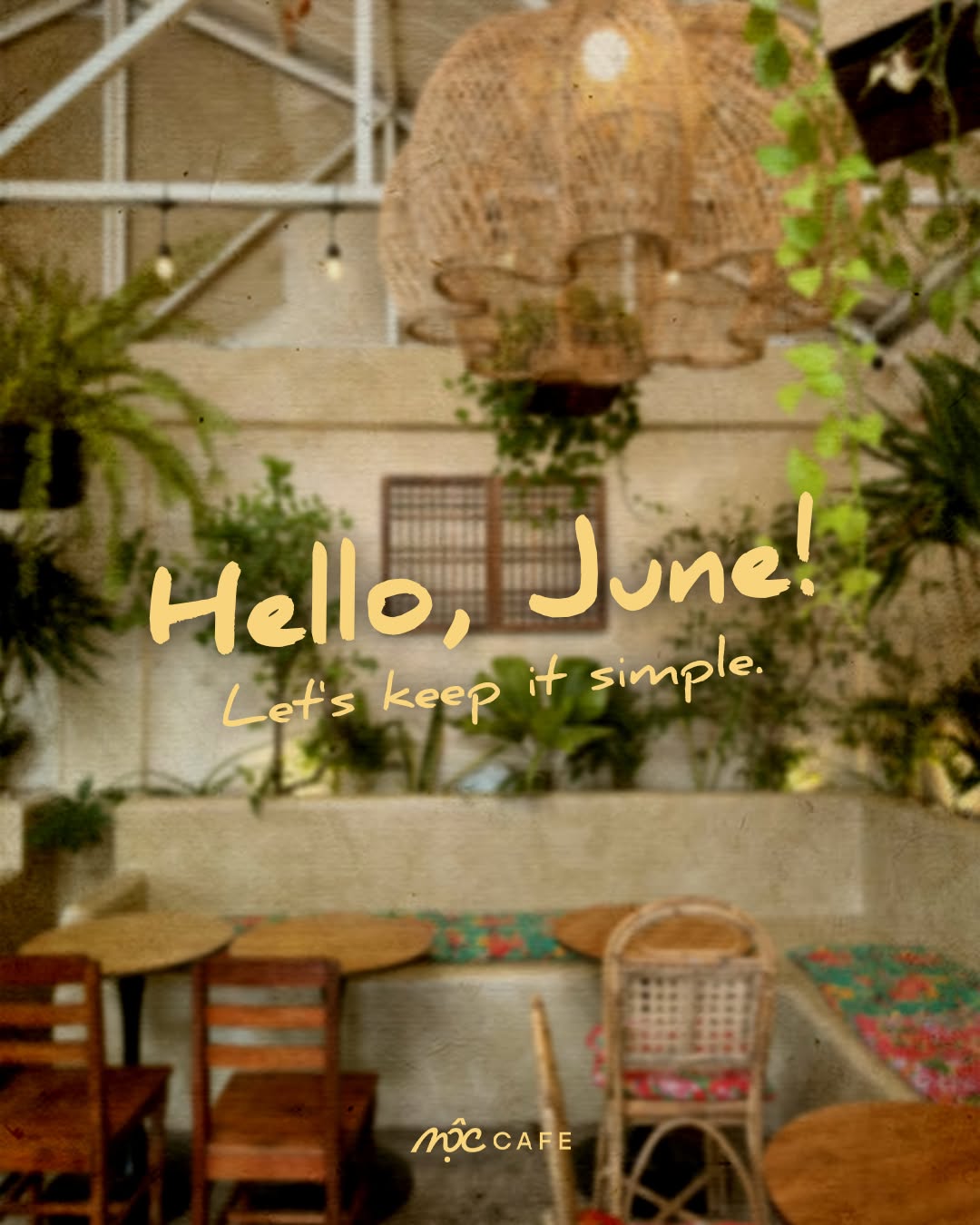 MỘC Cafe interior captured in soft garden light